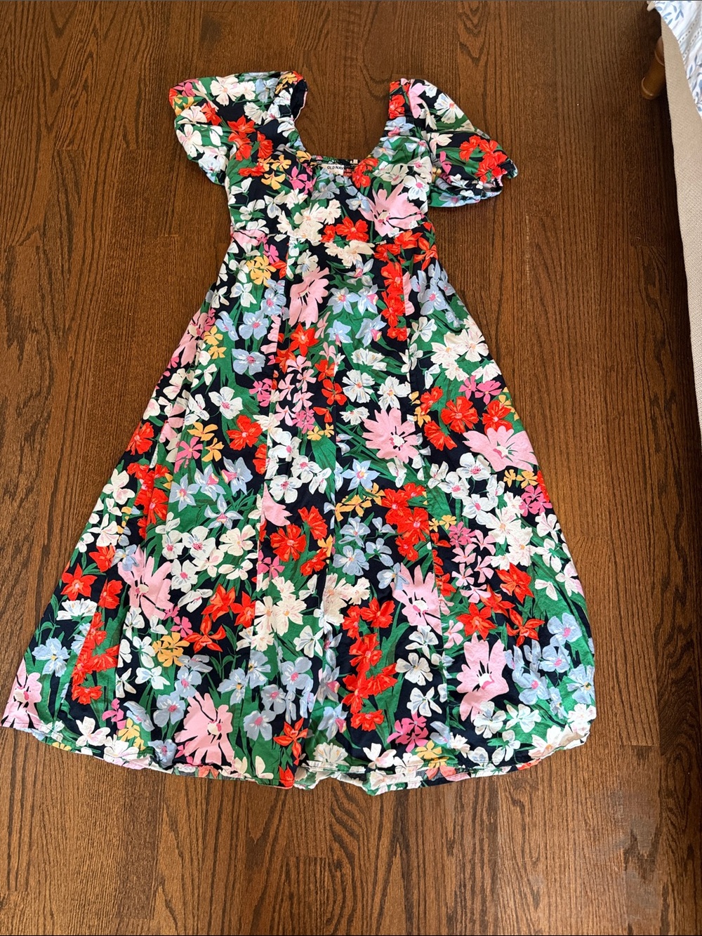 Old Navy Black Floral Puff-Sleeve Dress with Pink, Red & Green Flowers